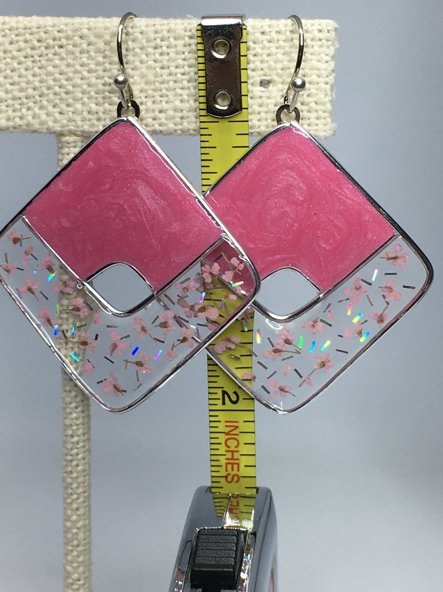 Frosted pink earrings with pink pressed flowers