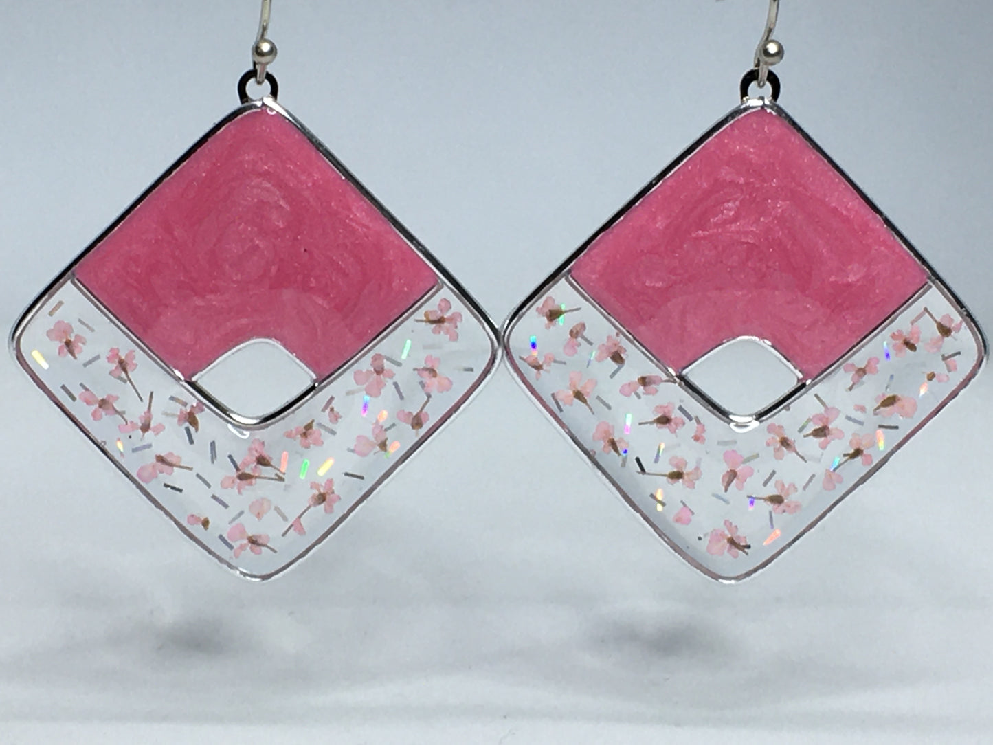 Frosted pink earrings with pink pressed flowers