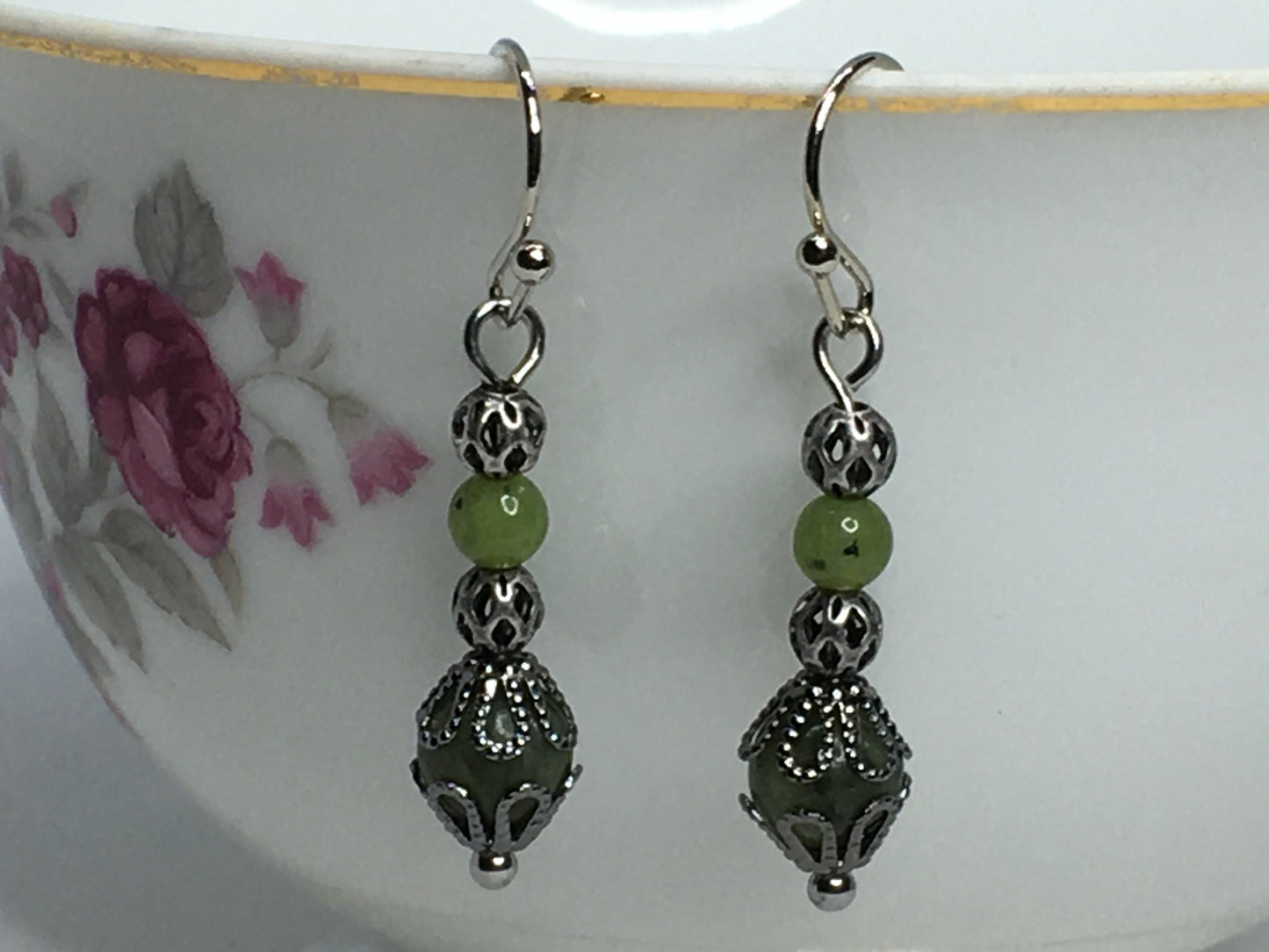 Green Serpentine and Jade Gemstone Earrings