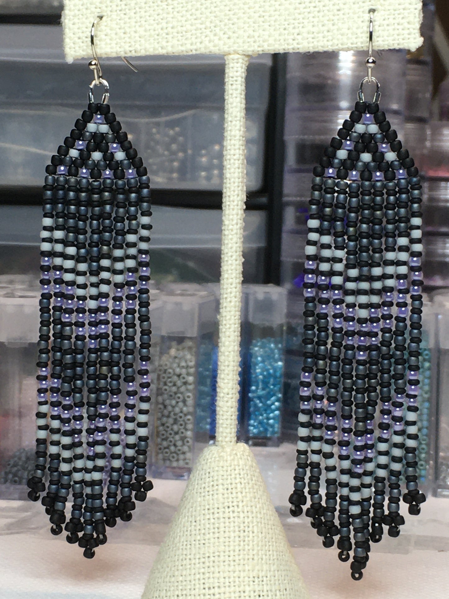 Beaded Earrings with fringe in black, gray and purple