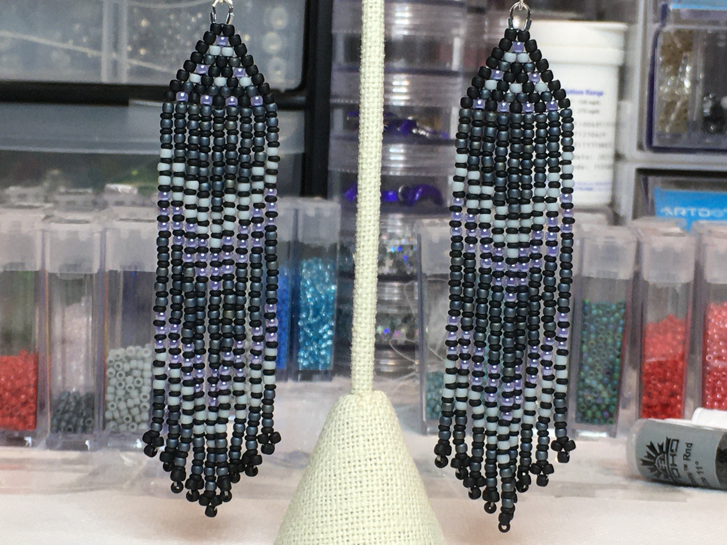 Beaded Earrings with fringe in black, gray and purple