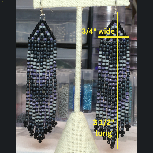 Beaded Earrings with fringe in black, gray and purple