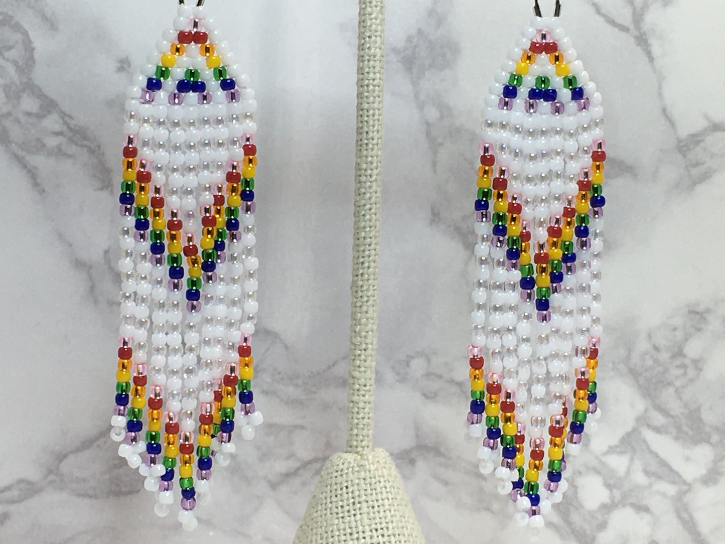 Beaded Earrings with fringe in white and Rainbow colors