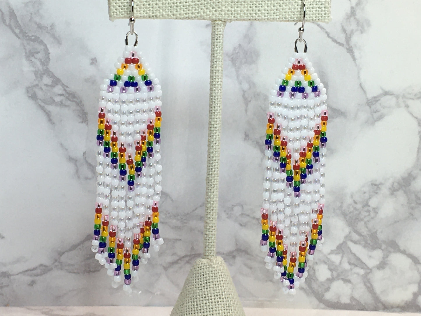 Beaded Earrings with fringe in white and Rainbow colors