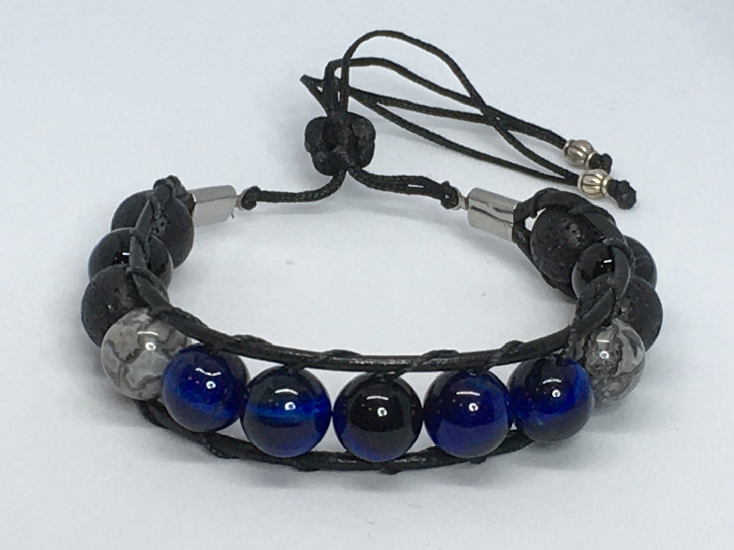 6.5" Blue Tiger's Eye, Black Agate, Map Jasper and Lava Men's Bracelet