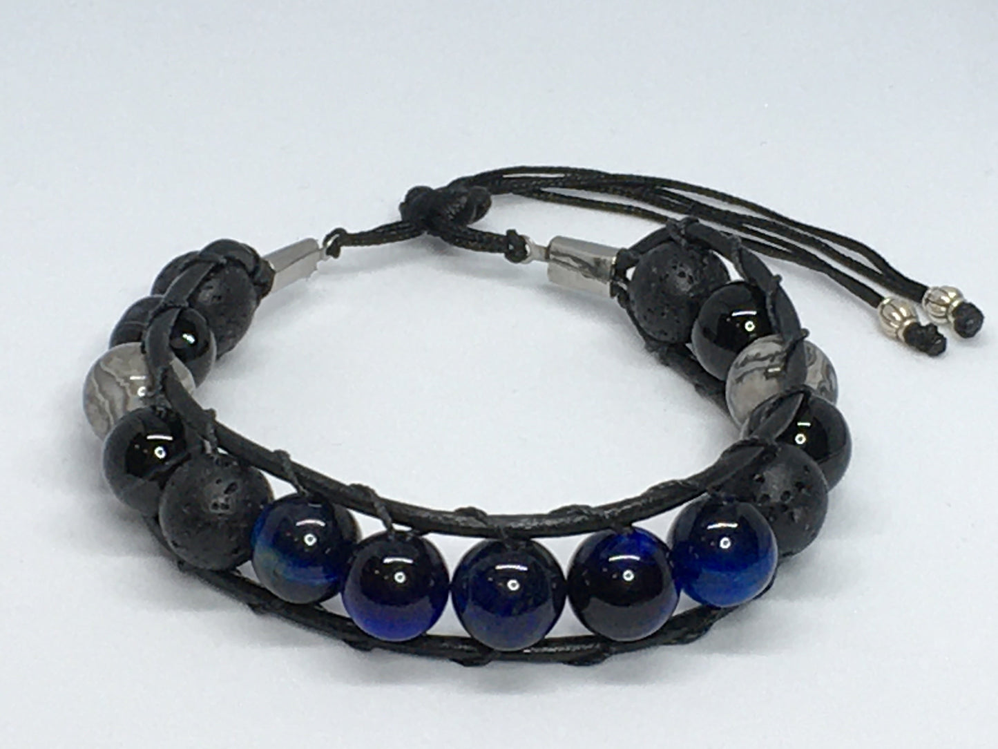 7.25" Blue Tiger's Eye, Black Agate, Map Jasper. and Lava Men's Bracelet