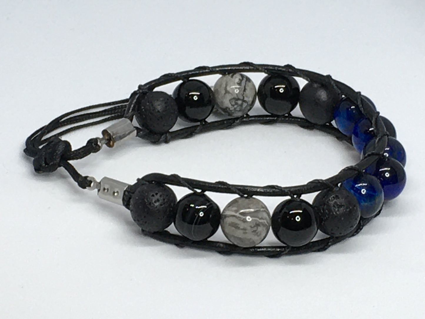 7.25" Blue Tiger's Eye, Black Agate, Map Jasper. and Lava Men's Bracelet