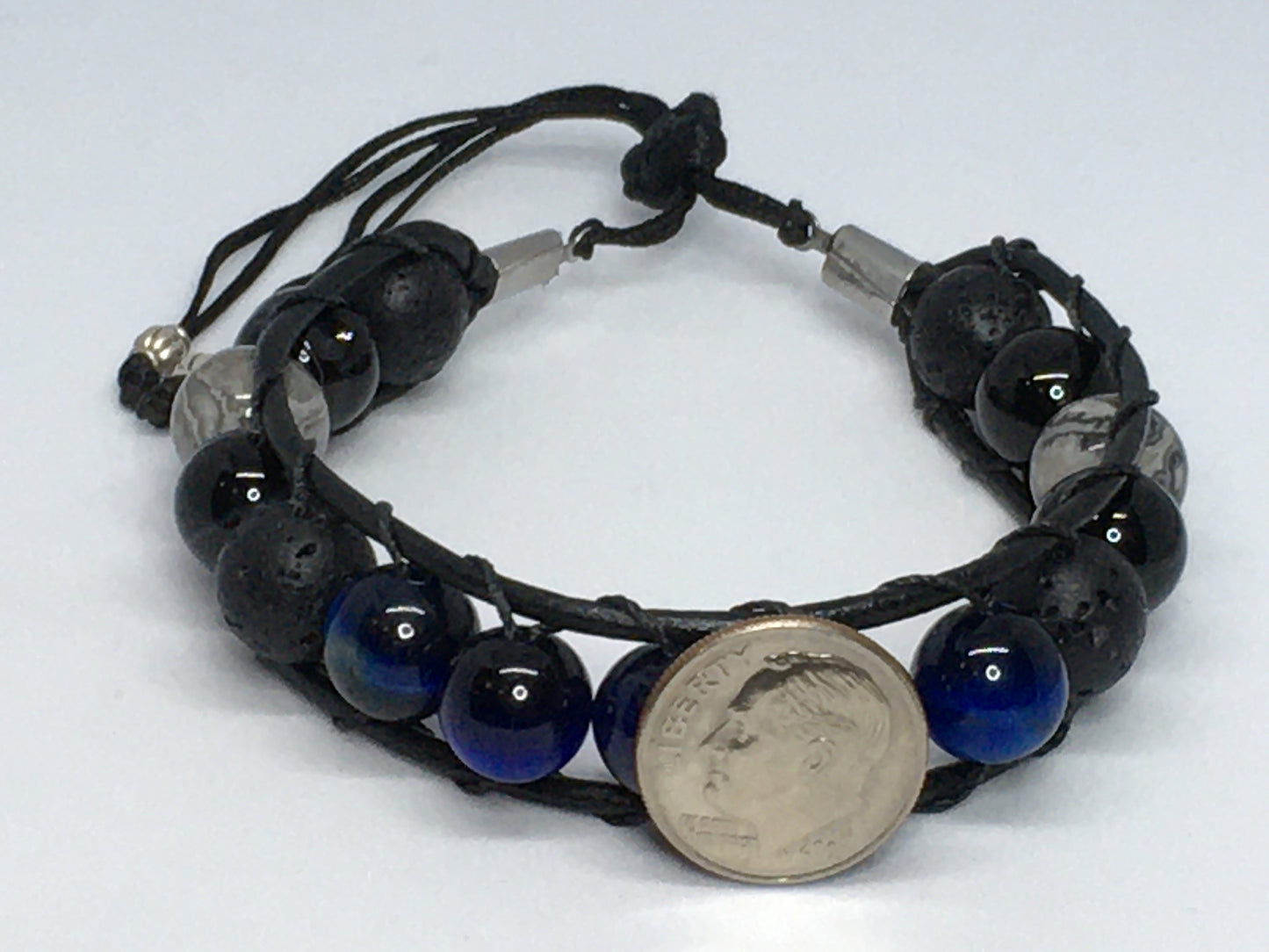 7.25" Blue Tiger's Eye, Black Agate, Map Jasper. and Lava Men's Bracelet