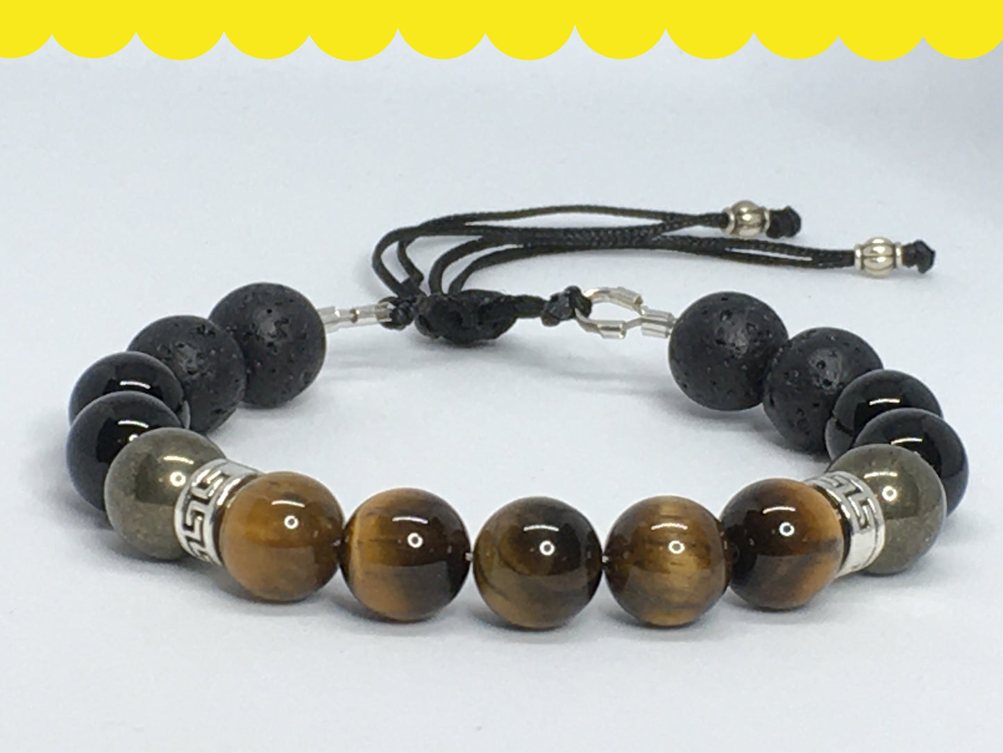 7" Tiger's Eye, Pyrite, Onyx and Lava Men's Bracelet