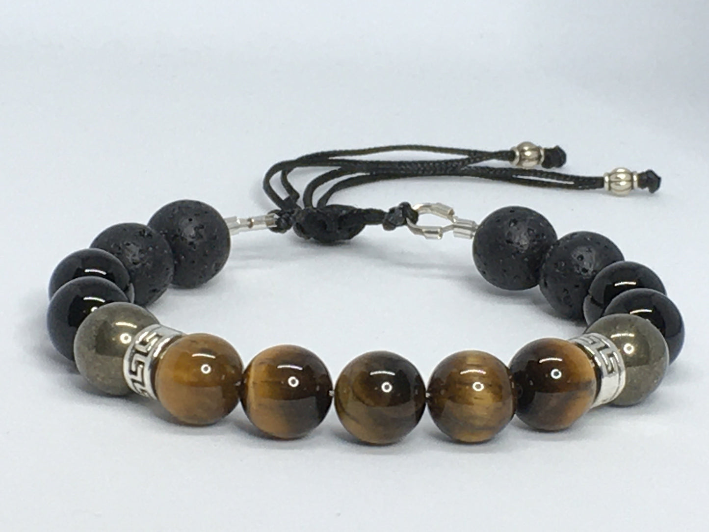 7" Tiger's Eye, Pyrite, Onyx and Lava Men's Bracelet