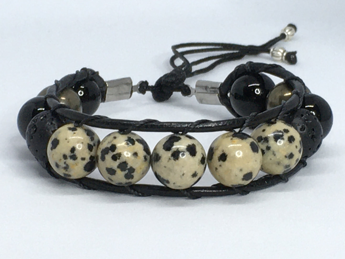 6.5" Dalmation Stone, Onyx, Pyrite and Lava Men's Bracelet