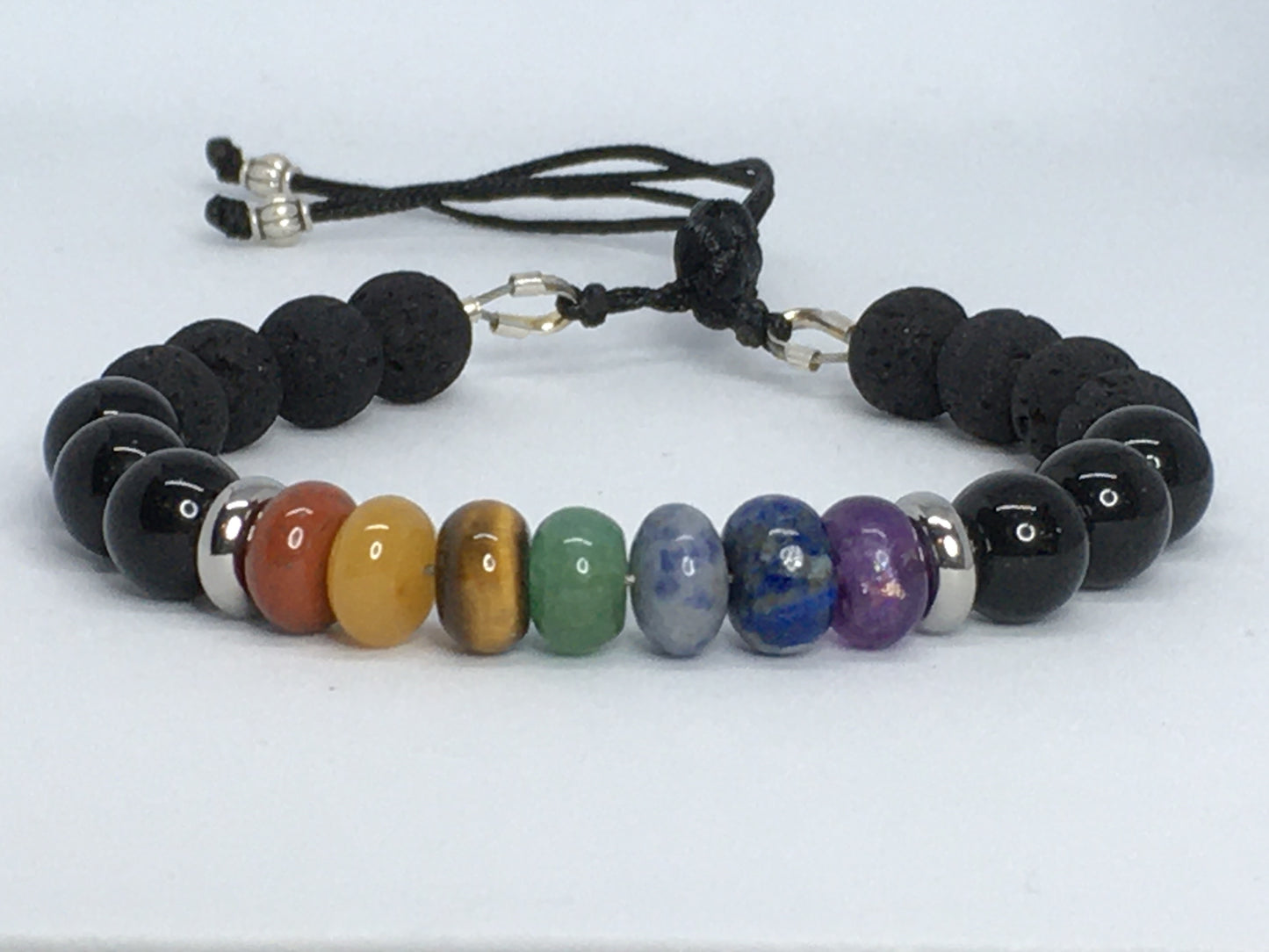 7" Chakra Gemstones, Lava and Obsidian Women's Bracelet