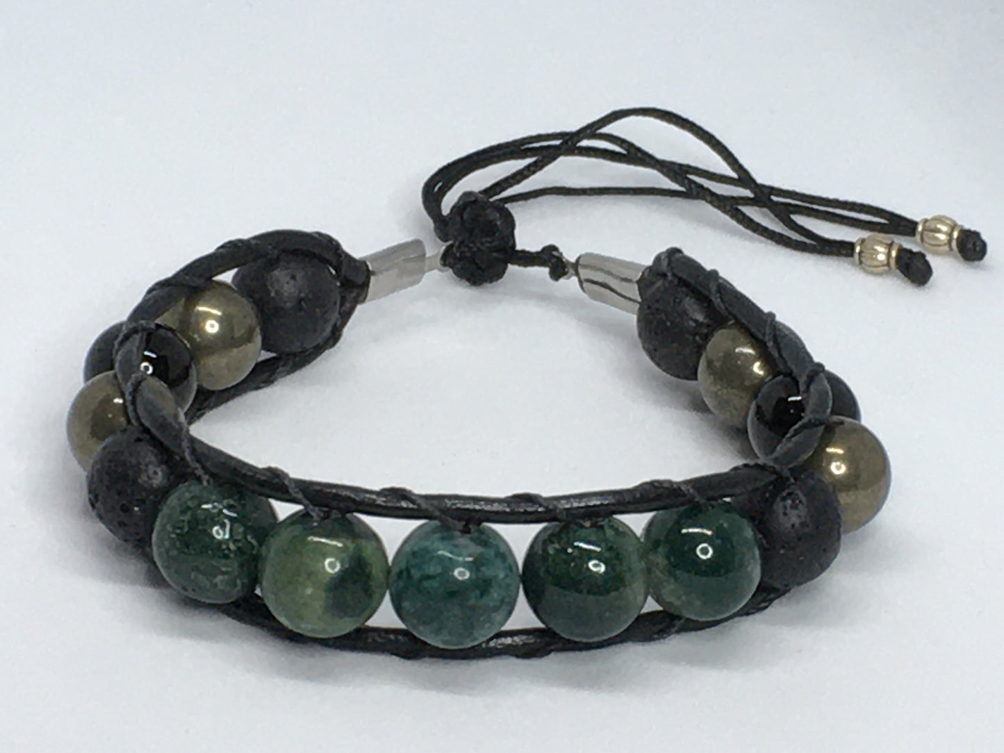 7.25" to 7.75" India Agate, Black Agate, Pyrite and Lava Men's Bracelet