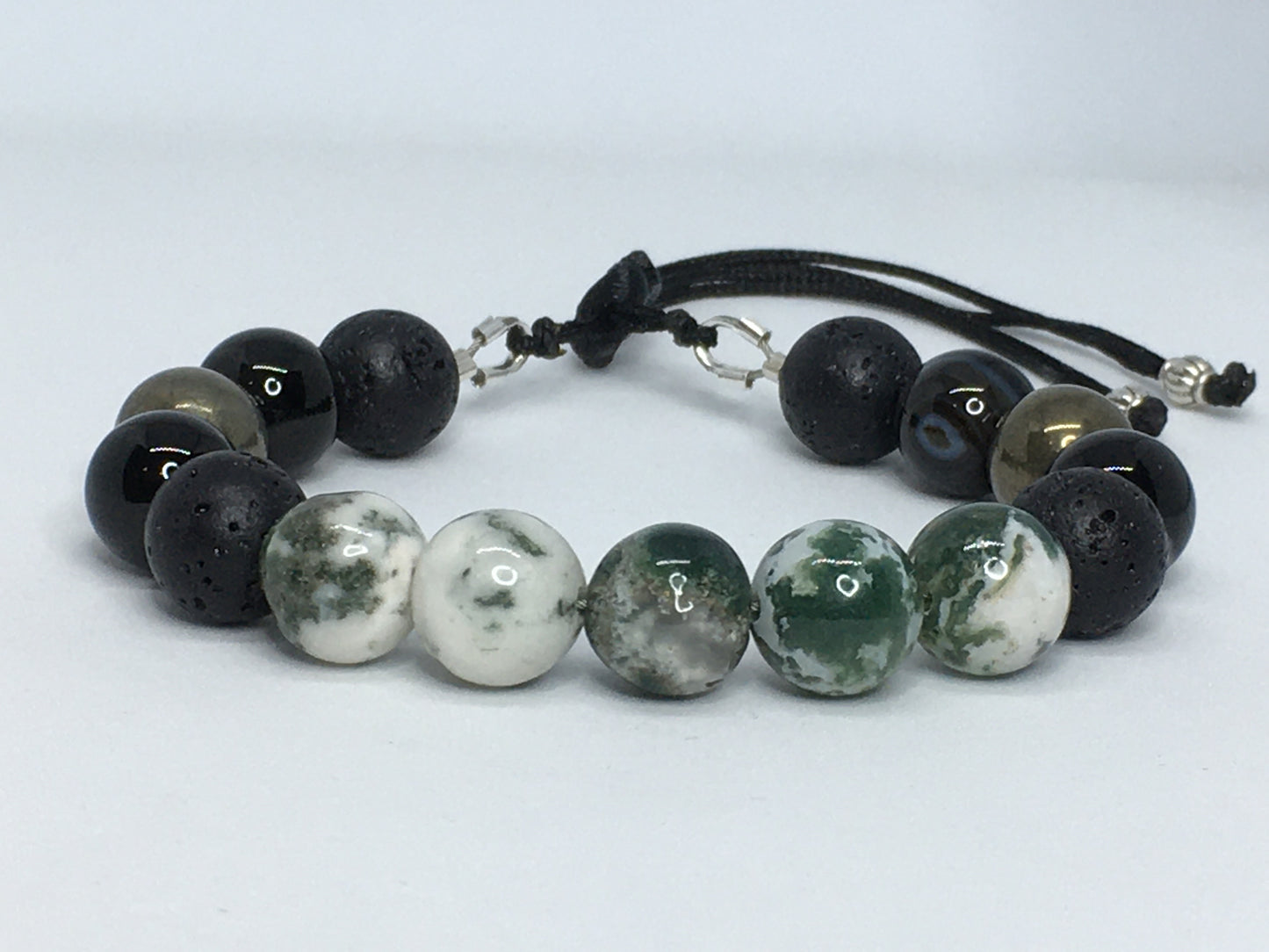 6.75" Tree Agate, Black Agate, Pyrite and Lava Men's Bracelet