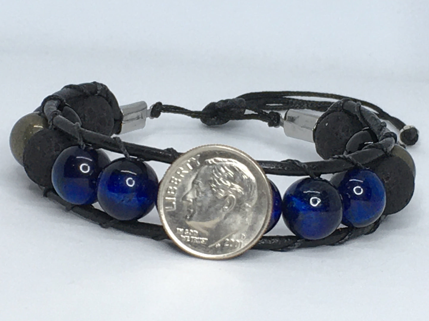 6.75" Blue Tiger's Eye, Black Agate, Pyrite and Lava Men's Bracelet