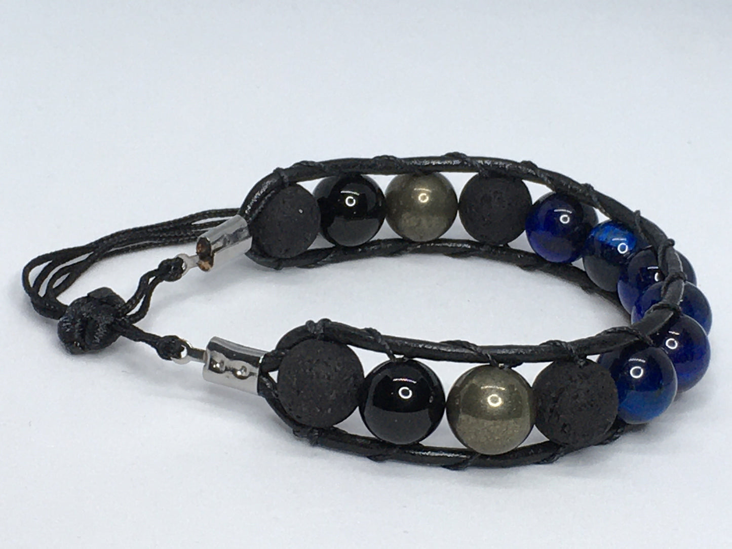 6.75" Blue Tiger's Eye, Black Agate, Pyrite and Lava Men's Bracelet