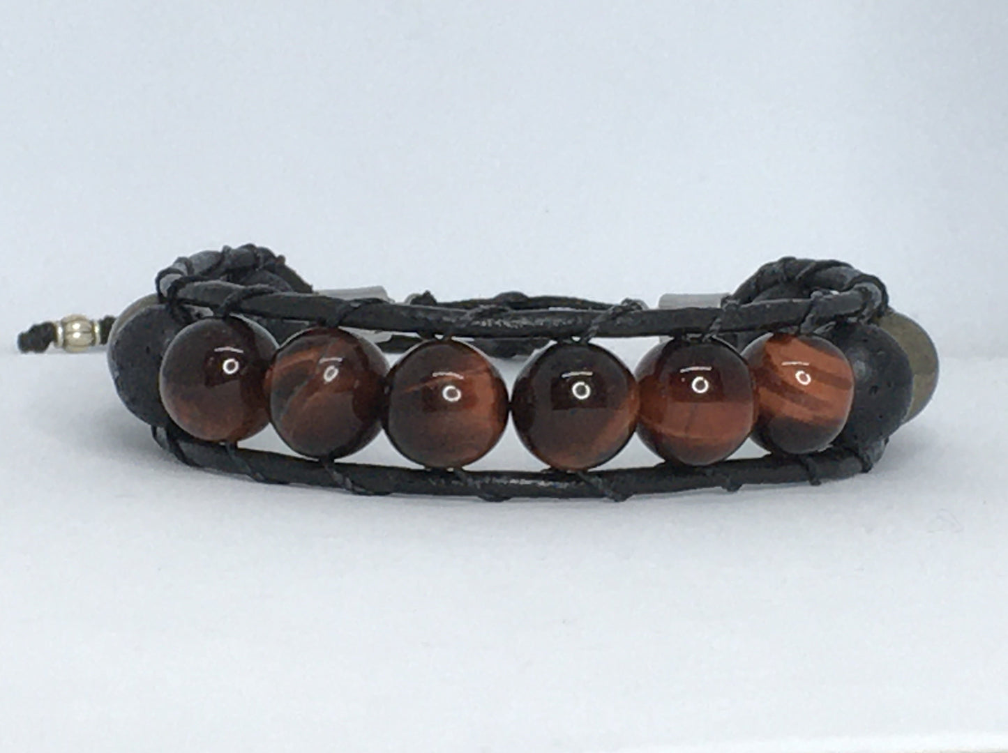 6.75" Red Tiger's Eye, Onyx, Pyrite and Lava Men's Bracelet