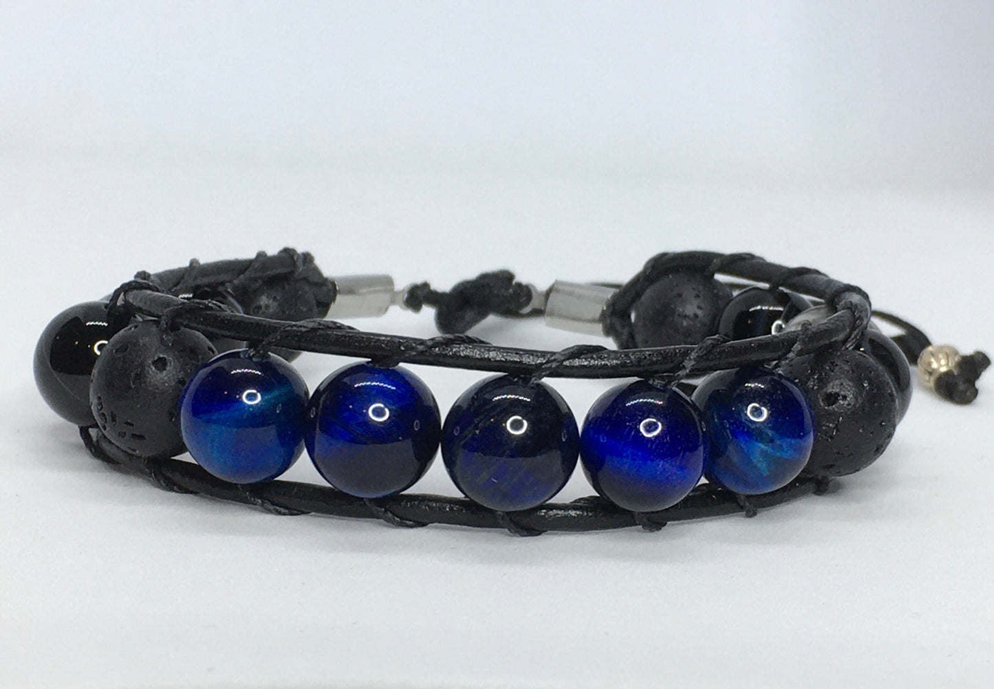 7.25" Blue Tiger's Eye, Black Agate, Map Jasper. and Lava Men's Bracelet