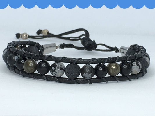 6.75" Lava, Pyrite, Obsidian, and Snowflake Obsidian Men's Bracelet