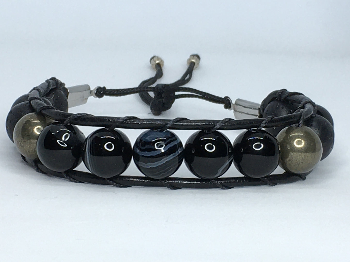 6.5" Black Agate, Pyrite and Lava Men's Bracelet