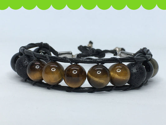 6.5" Tiger's Eye, Onyx, Pyrite and Lava Men's Bracelet