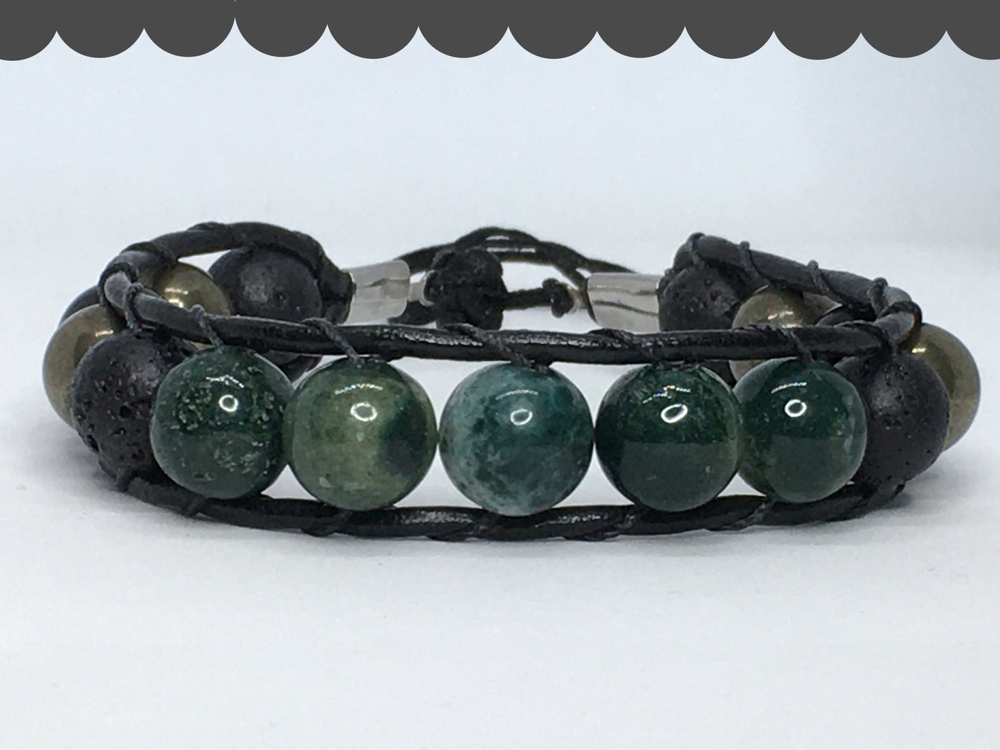 7.25" to 7.75" India Agate, Black Agate, Pyrite and Lava Men's Bracelet