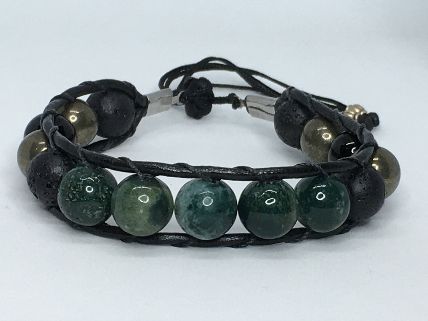 7.25" to 7.75" India Agate, Black Agate, Pyrite and Lava Men's Bracelet