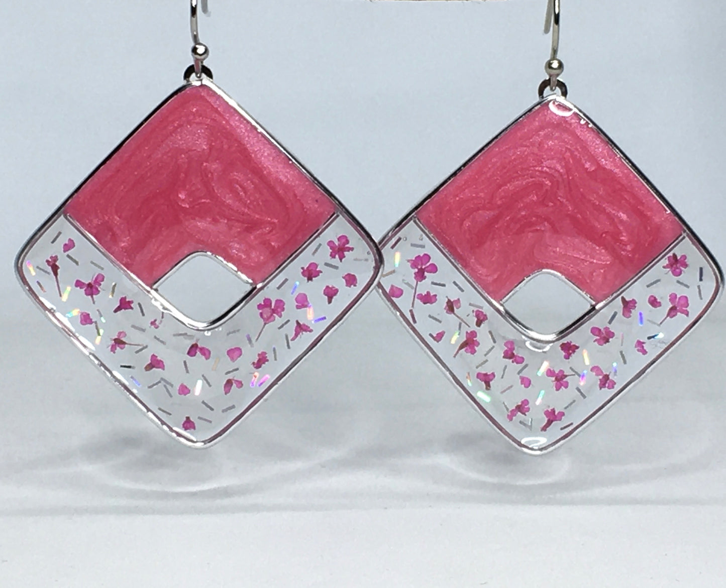 Frosted pink earrings with pink pressed flowers