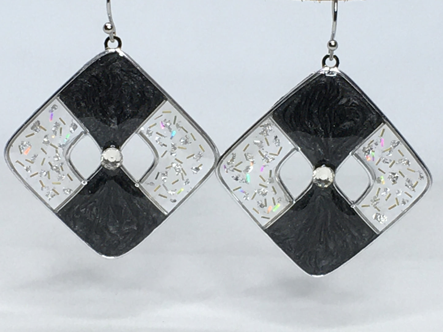 Diamond shaped frosted black, silver and gold earrings