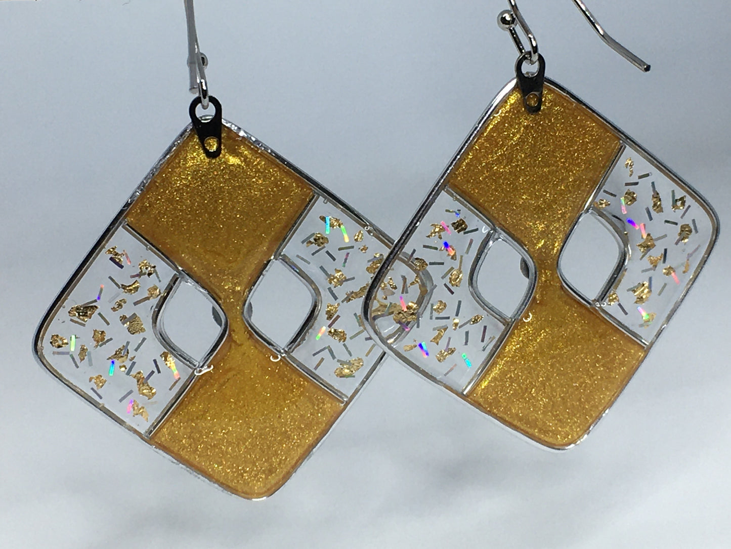 Diamond shaped frosted gold and silver earrings