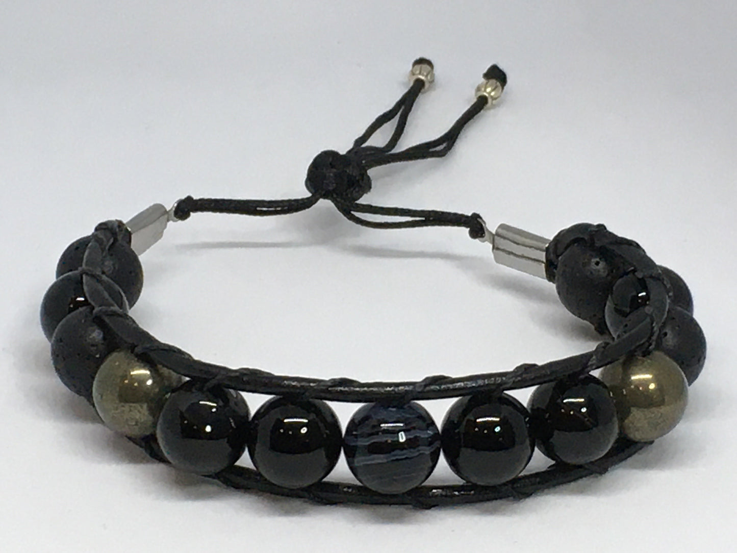 6.5" Black Agate, Pyrite and Lava Men's Bracelet