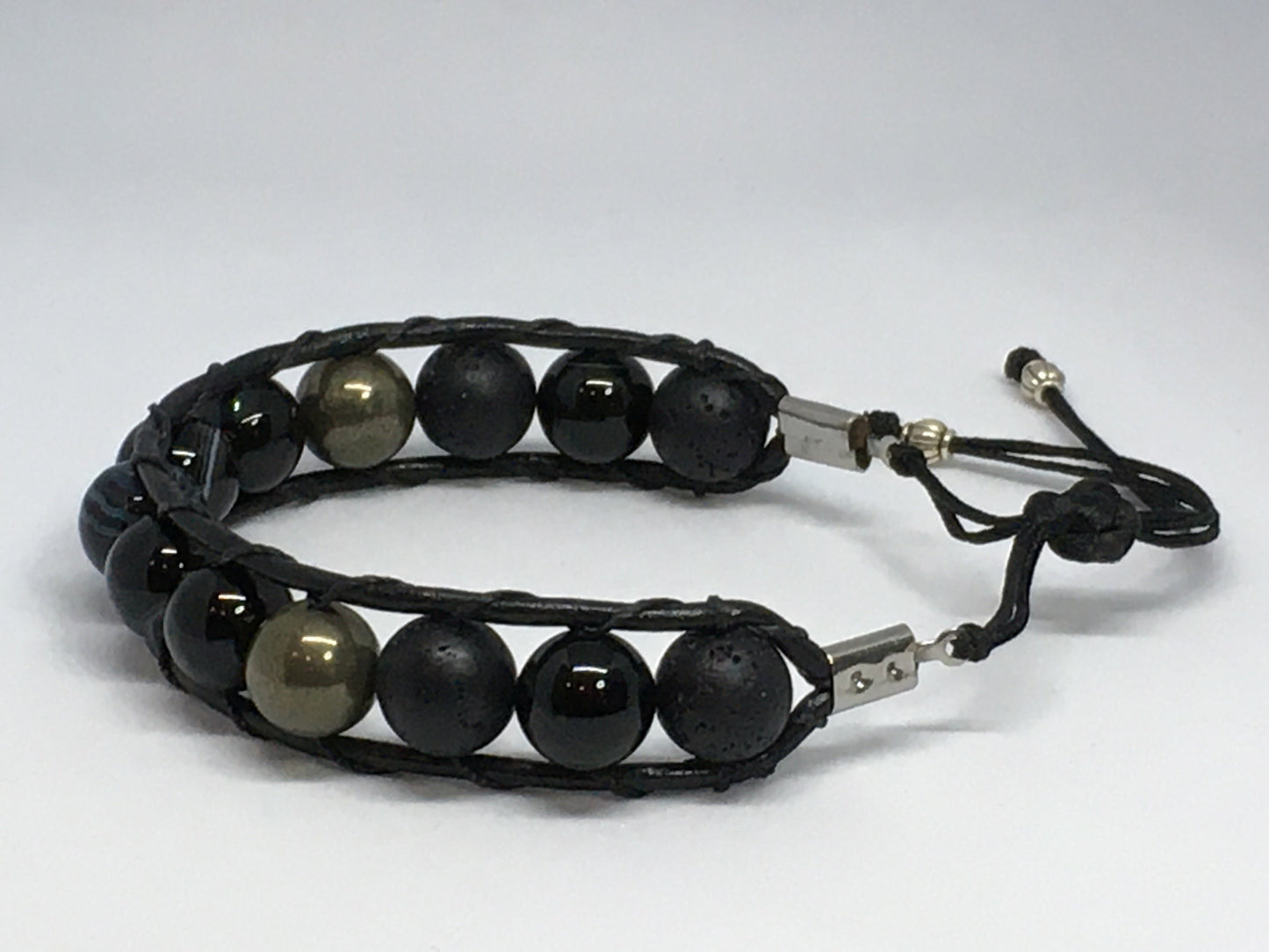 6.5" Black Agate, Pyrite and Lava Men's Bracelet
