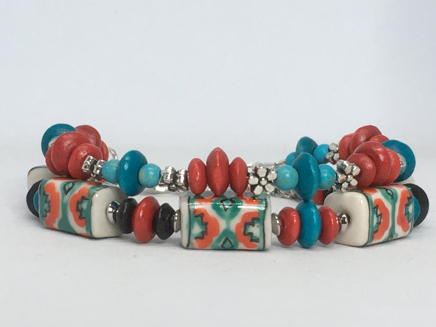 6.5" Wood and Porcelain Bead Women's Bracelet