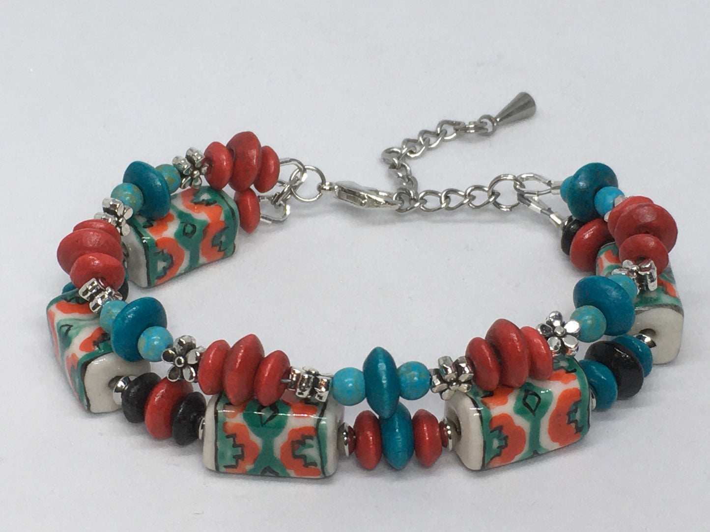 6.5" Wood and Porcelain Bead Women's Bracelet