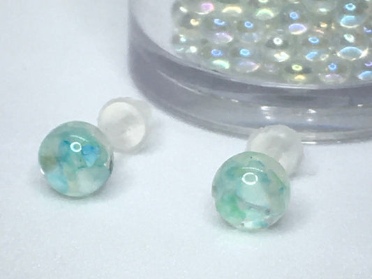 Resin Earrings 1/4", filled with green dyed and crushed seashells