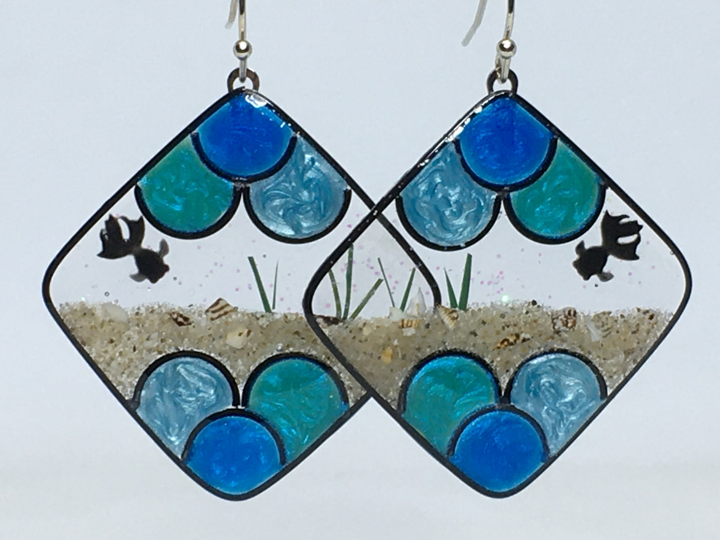 Goldfish earrings, blue, teal, and mint