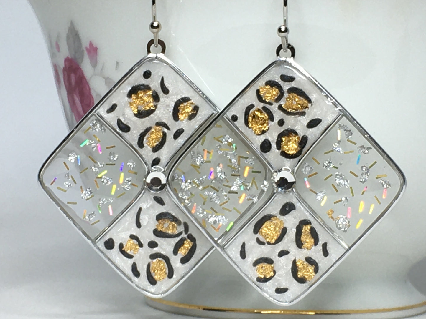 White leopard print earrings