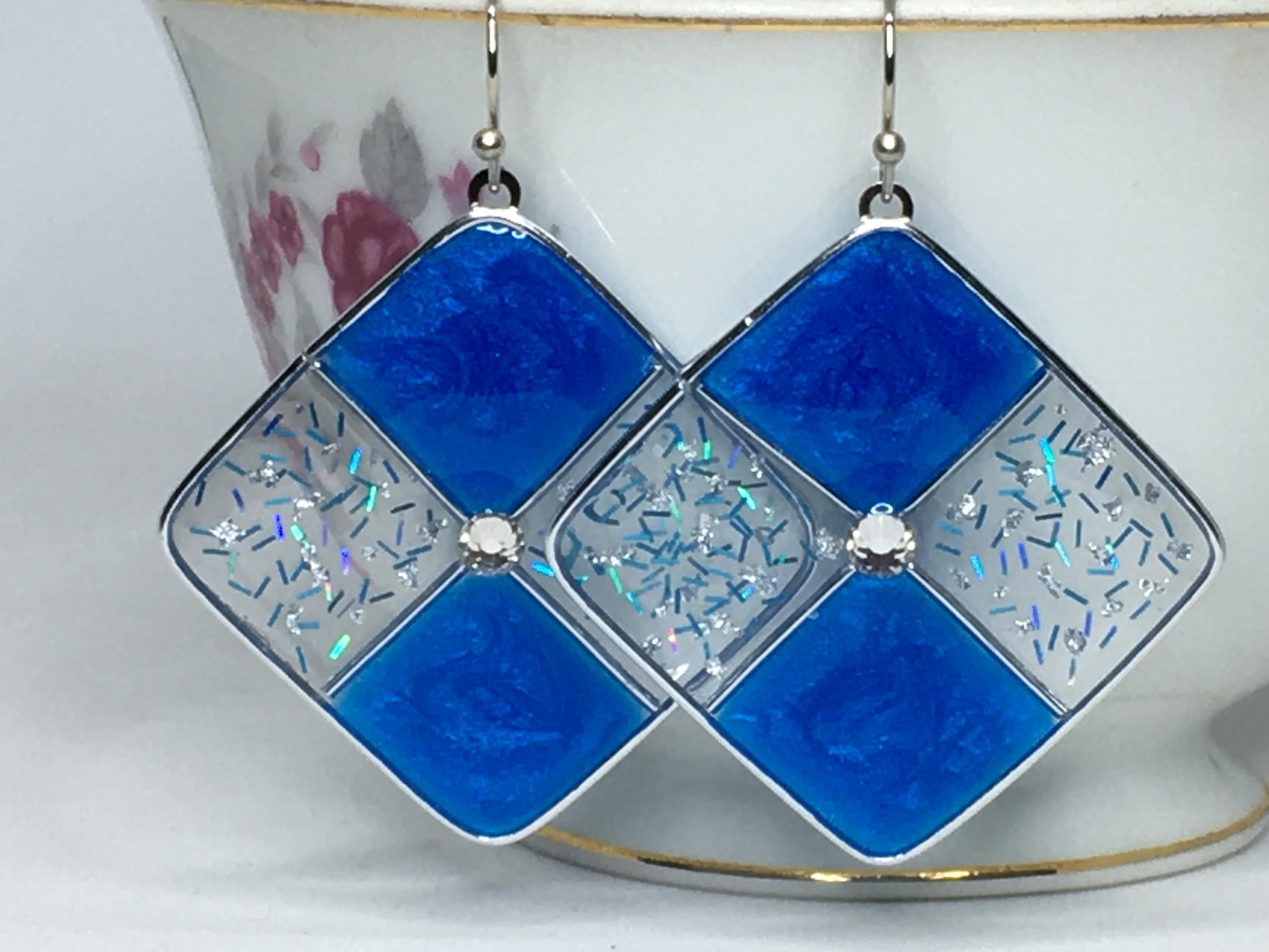 Frosted blue and silver resin earrings