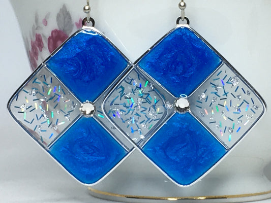 Frosted blue and silver resin earrings