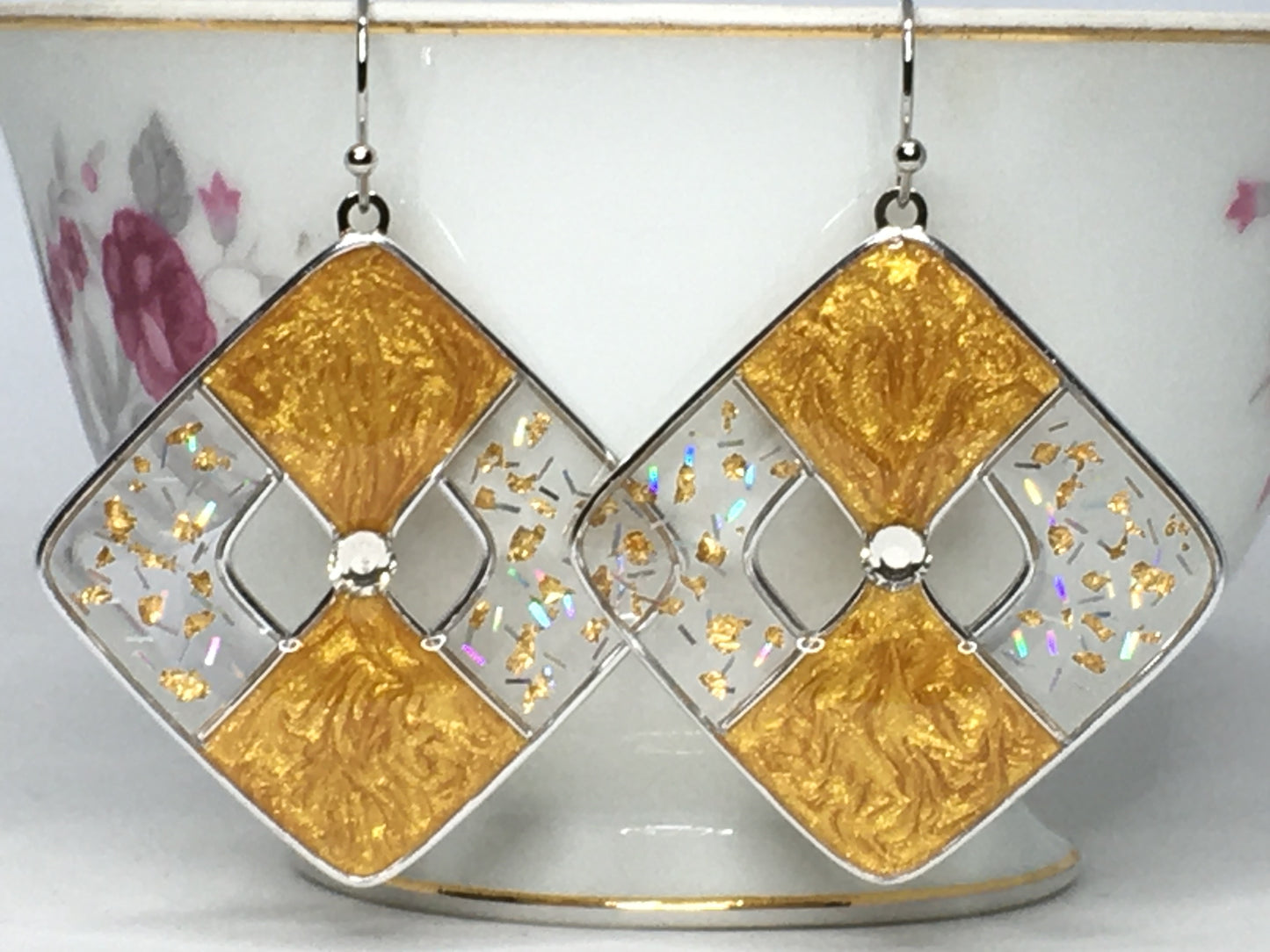 Diamond shaped frosted gold and silver earrings