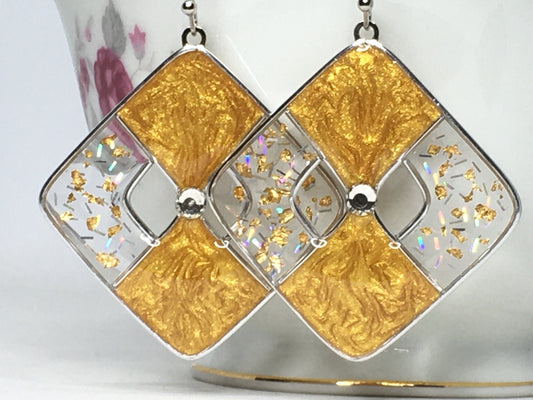 Diamond shaped frosted gold and silver earrings