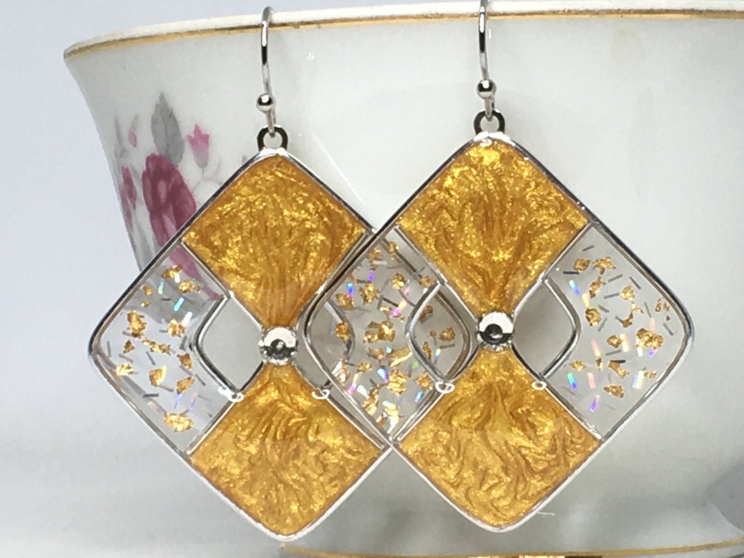 Diamond shaped frosted gold and silver earrings