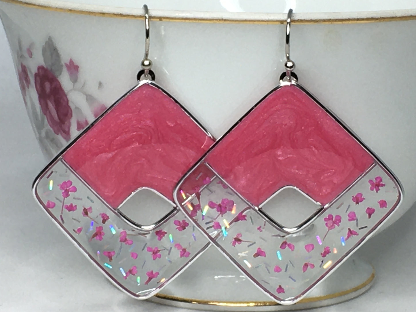 Frosted pink earrings with pink pressed flowers