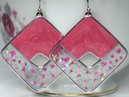 Frosted pink earrings with pink pressed flowers