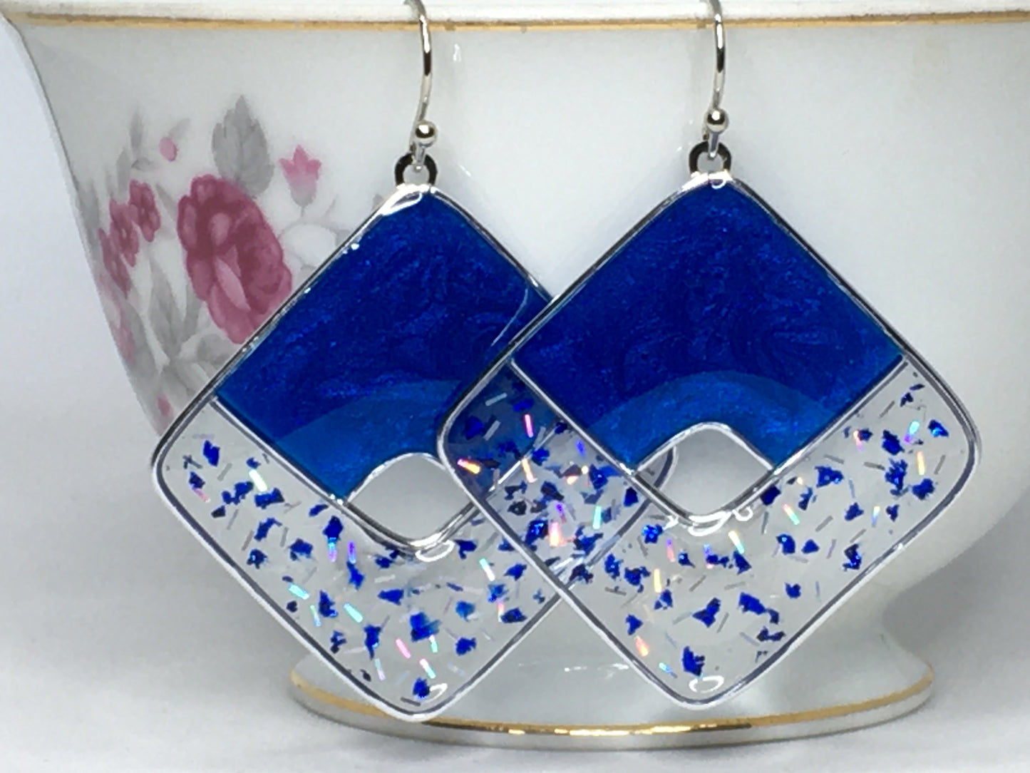 frosted blue and silver resin earrings