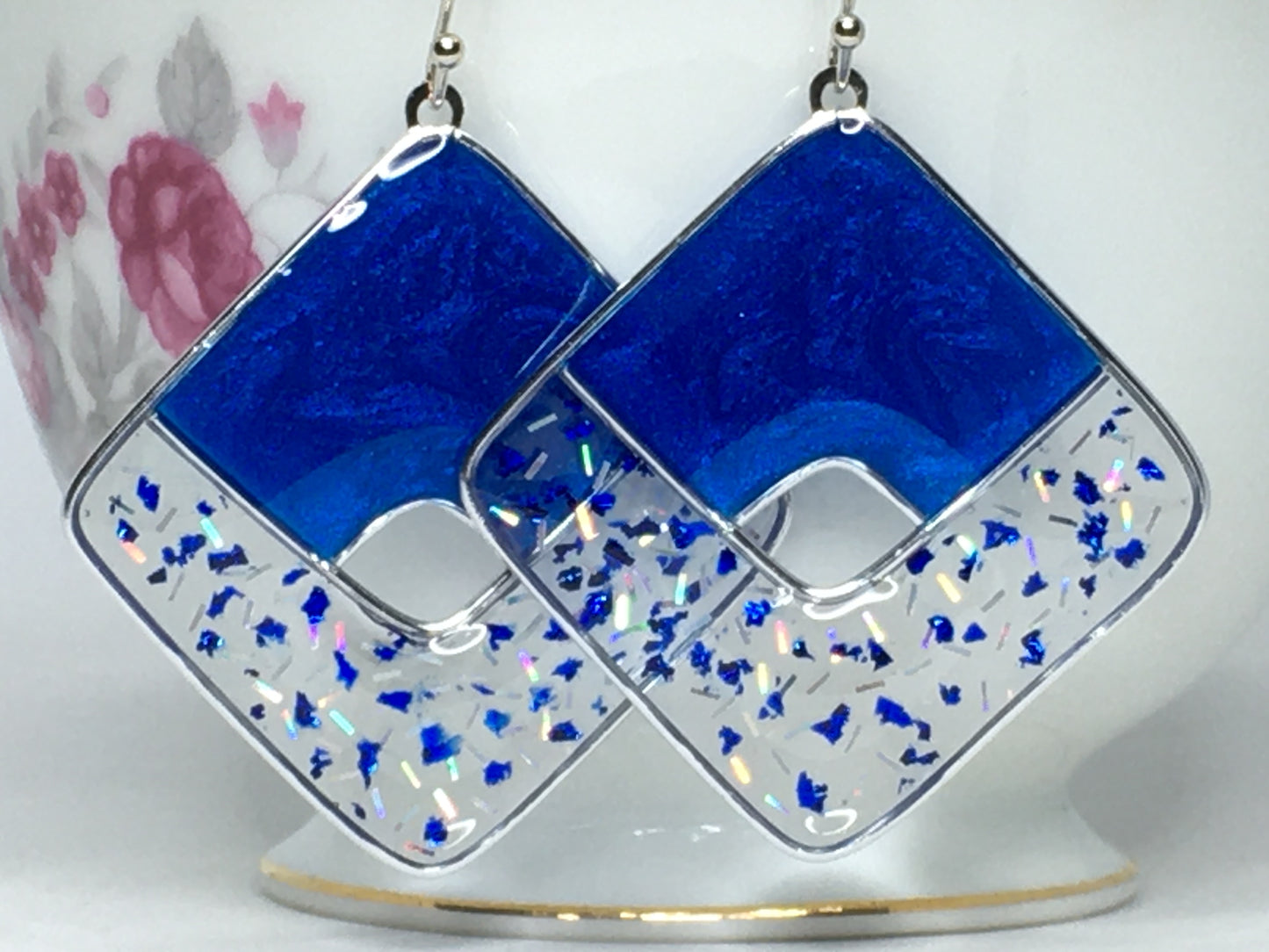 frosted blue and silver resin earrings