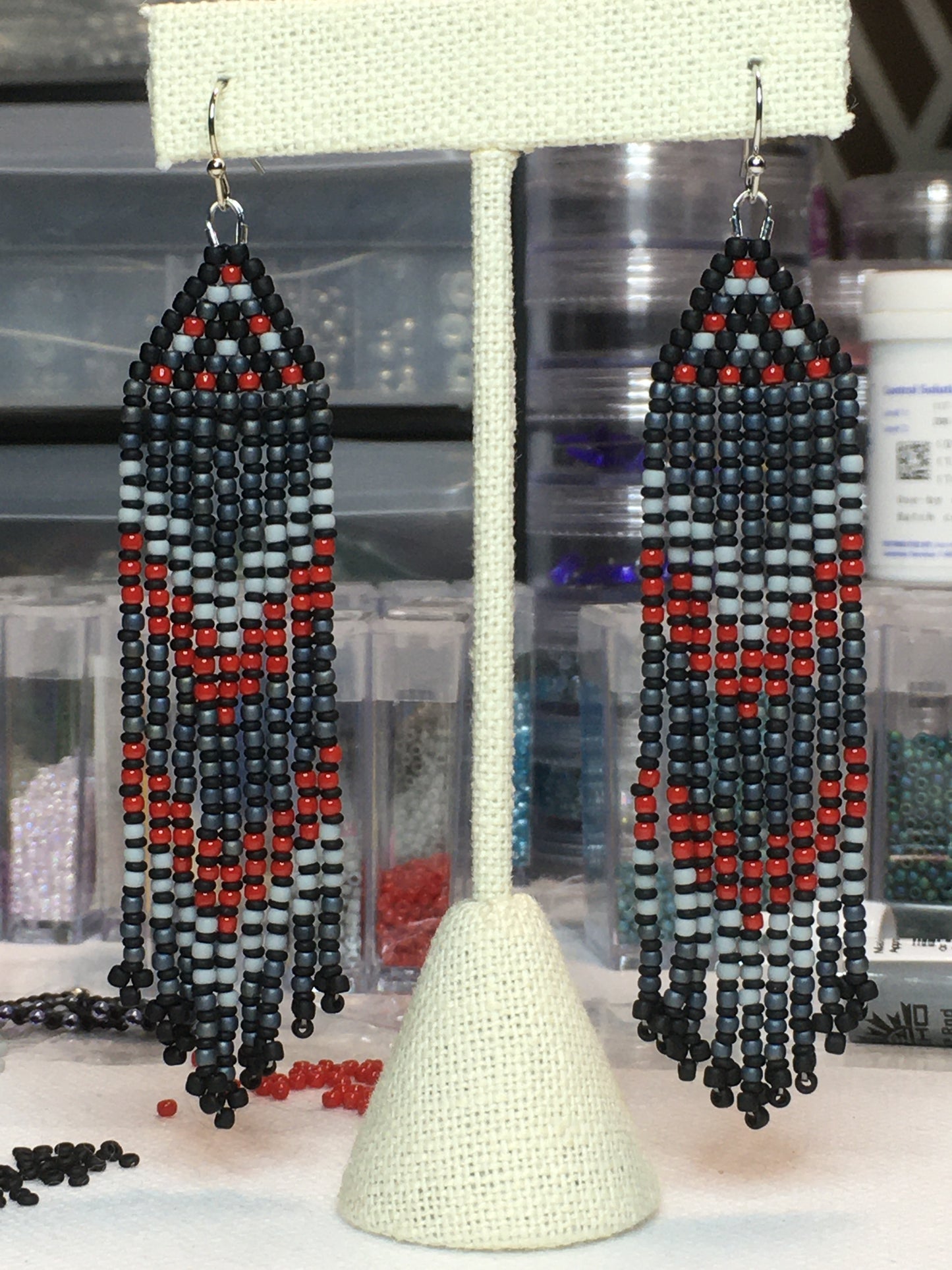 Beaded Earrings with fringe in black, gray and red