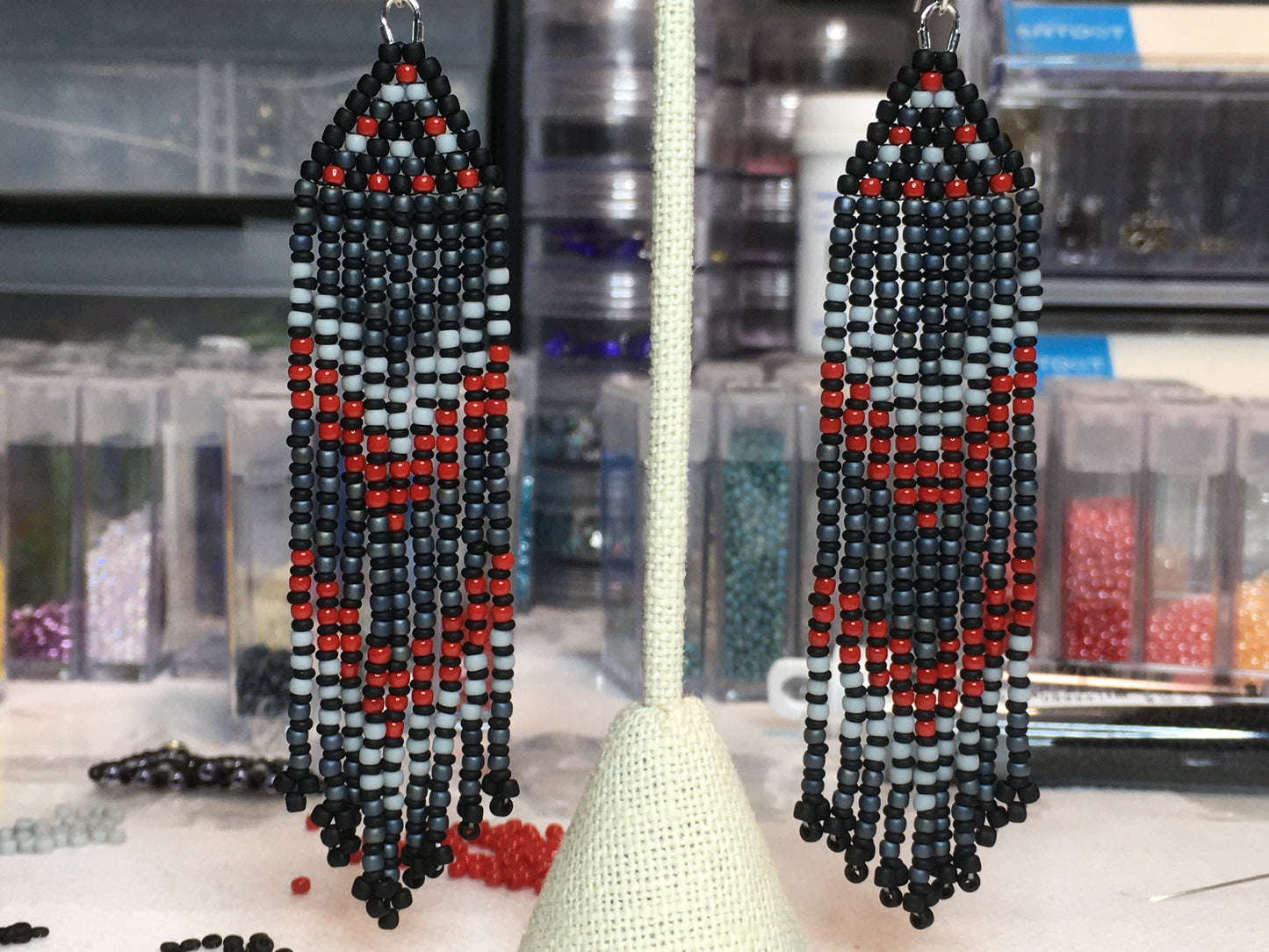 Beaded Earrings with fringe in black, gray and red