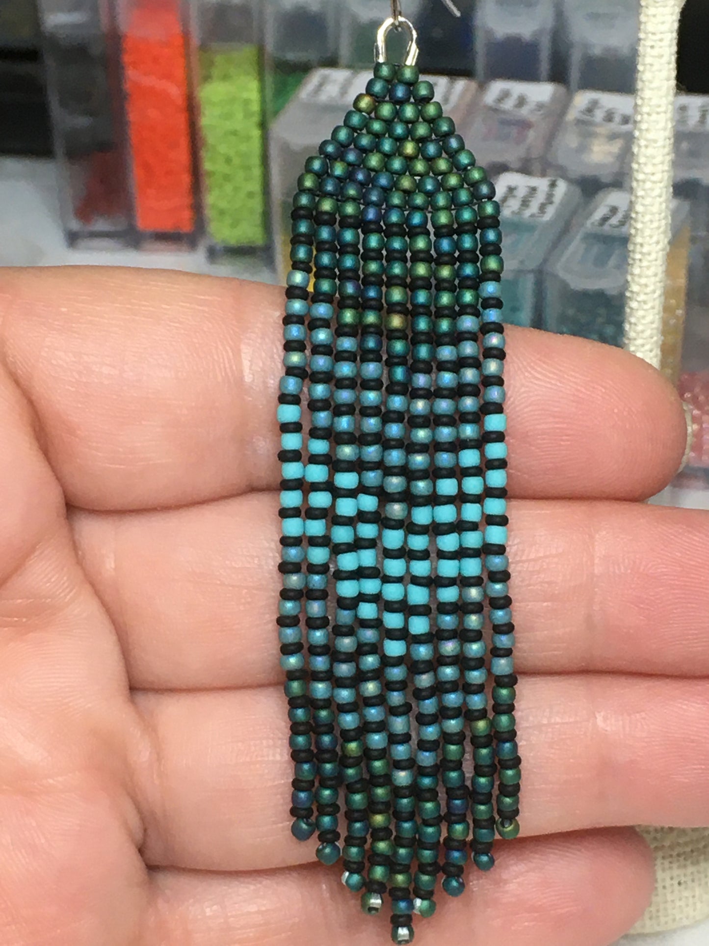 Beaded Earrings with fringe in teal and turquoise