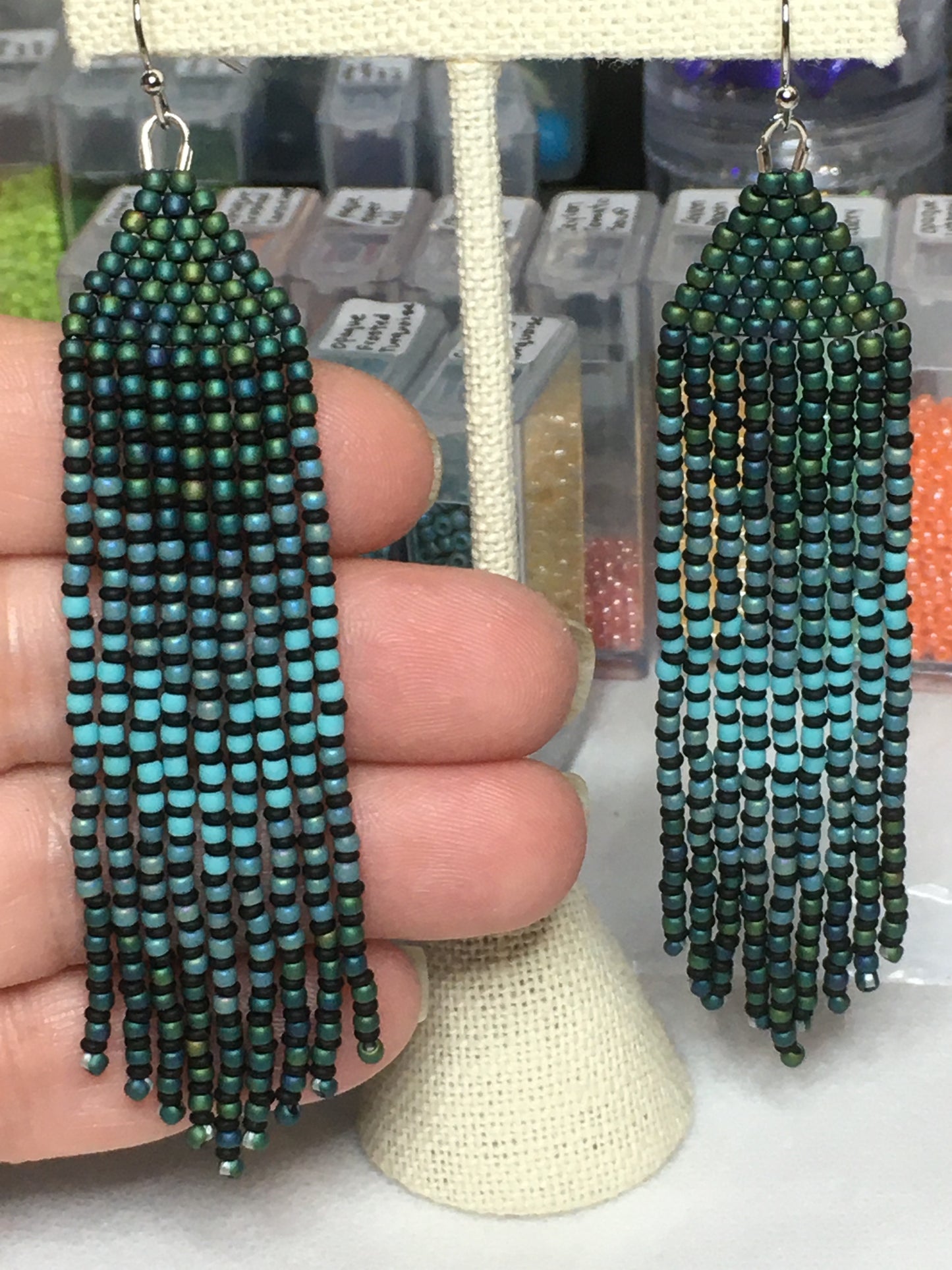 Beaded Earrings with fringe in teal and turquoise